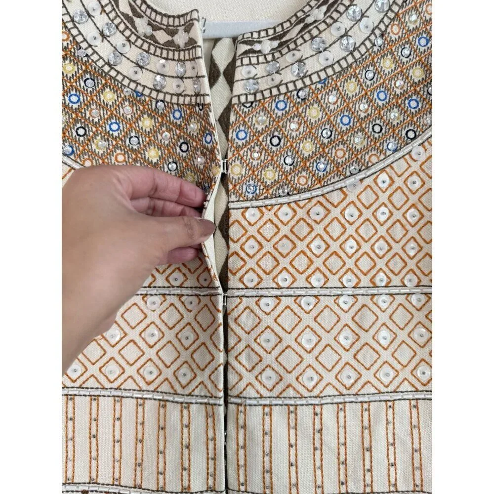CHICO'S Women’s Embellished Jacket Tan Beige Embroidered‎ 3/4 Sleeves Size 2
